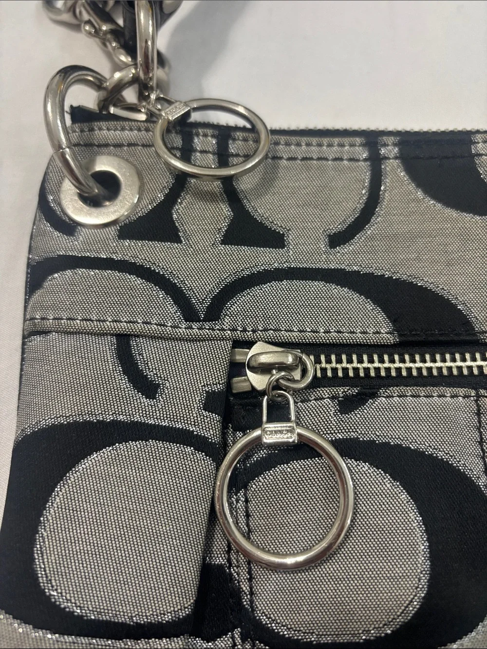 Coach Poppy Metallic Gray/Black Signature Hand/Shoulder Bag